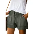 Detail view of olive green high-waisted drawstring shorts for women - 3XL / Bottoms / Dark Army Green