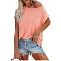 Women's minimalist off-shoulder coral pink batwing sleeve T-shirt with front pocket - M / Tops / Pink