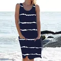 Detail of sleeveless navy blue striped summer dress with side pockets in beach setting - S / Top And Bottom / Navy Blue