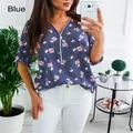 Damenbluse in Blau mit Blumenmuster, V-Ausschnitt und Reißverschluss, halbe Ärmel - Blau