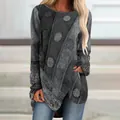 Detailed view of women's vintage grey long-sleeve T-shirt with irregular hem - S / Tops / Gray