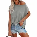 Detail view of a grey off-shoulder batwing sleeve T-shirt with a front pocket design. - M / Tops / Gray