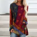 Close-up of vintage ethnic patchwork long sleeve loose tunic with colorful patterns - 3XL / Tops / Red