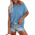 Detail view of a loose blue batwing sleeve t-shirt with off-shoulder neckline and pocket - 3XL / Tops / Blue