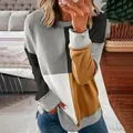 Detail view of a color-block crew neck sweatshirt with long sleeves and loose fit - 3XL / Tops / 4-Color Gray & Brown Patchwork