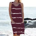 Close-up detail of casual burgundy sleeveless tank dress showing white stripes and pockets. - S / Top And Bottom / Burgundy