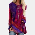 T-shirt a maniche lunghe stile boho, stampa etnica vintage e vestibilità ampia. - 3XL / Top / viola-rosso