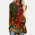 Vista dei dettagli della tunica vintage etnica da donna con stampa patchwork e pois - 3XL / Top / Kaki