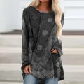 Detailed view of women's ethnic vintage washed grey long sleeve T-shirt with patchwork - 3XL / Tops / Gray