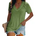 Casual green short sleeve V-neck T-shirt for women featuring loose fit and soft fabric texture - S / Tops / Green