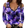 Detail of purple butterfly print long sleeve cold shoulder top with lace V-neck. - 4XL / Tops / Butterfly - Sky Blue
