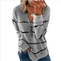 Lässiges grau gestreiftes Langarm-Sweatshirt mit V-Ausschnitt Reißverschluss - S / Oberteile / Grau