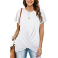 Close-up of a white round neck short sleeve T-shirt featuring a stylish front twist knot. - White