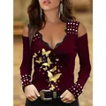 Detail view of the cold shoulder lace V-neck top with gold butterfly print on model - 4XL / Tops / Gold Butterfly - Purple