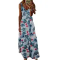 Summer V-neck floral maxi dress with tropical leaf and flower print for vacation - S / Bottoms / Blue Leaves and Red Flowers