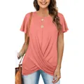 Detailed view of the stylish front twist knot on a women's coral short sleeve T-shirt - S / Tops / Coral Pink