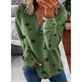 Women's army green star print sweatshirt with half-zipper collar and long sleeves. - S / Tops / Army Green