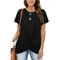 Close-up detail view of women's black short sleeve t-shirt with front twist knot design. - S / Tops / Black