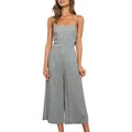 Detailed view of the fabric texture and wide-leg design of a gray cotton linen jumpsuit for women - S / Top And Bottom / Gray