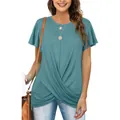 Front twist knot detail of a teal short sleeve women's T-shirt - S / Tops / Lake Blue