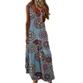 Bohemian style sleeveless V-neck maxi dress with blue mandala floral print for summer - S / Top And Bottom / Disc Shape