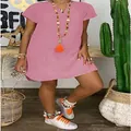 Women's pink short sleeve V-neck loose fit woven mini dress in summer style - Pink