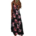 Summer floral printed camisole maxi dress with V-neck and rose pattern - S / Top And Bottom / Black with Dark Red