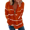 Damen Langarm Sweatshirt in Orange gestreift mit Reißverschluss V-Ausschnitt für Herbst - Orange