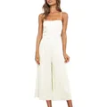 Elegant front view of a cream linen spaghetti strap jumpsuit with a chic wide leg silhouette. - S / Top And Bottom / White