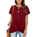 Stylish women's solid wine red round neck T-shirt featuring a chic front twist knot detail. - Burgundy