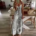 Summer grey floral print maxi dress featuring thin spaghetti straps and elegant long silhouette - 3XL / Top And Bottom / Gray