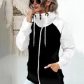 Stylish women's black and white color-block zip-up fleece hoodie for autumn and winter. - S / Tops / White