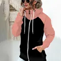 Women's fleece-lined hoodie jacket with pink sleeves and black body, zip-up loose fit. - S / Tops / Pink
