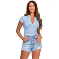 Top polo a costine azzurro slim fit con scollo a V e maniche corte stile estivo - Taglia S / Top / Blu