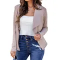 Primer plano de chaqueta casual para mujer con solapa en cascada y color caqui sólido - Albaricoque