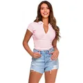 Detailed view of women's pink ribbed short-sleeved Polo shirt with stylish V-neckline - S / Tops / White