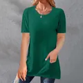 Casual dark green short sleeve T-shirt with crew neck and front pockets detail - S / Tops / Malachite green