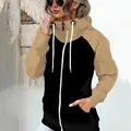 Casual women's two-tone zip-up hoodie featuring khaki sleeves and a black body. - S / Tops / Khaki