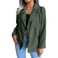Detailaufnahme eines dunkelgrünen Cord-Blazers für Damen mit Reverskragen und Knöpfen - Grün