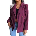 Detail der Rippstruktur und Doppelreiher-Knöpfe eines lila Cord-Blazers für Damen - S / Oberteile / Fuchsie