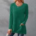 Detailed front view of green long-sleeve T-shirt showing round neckline and pocket details - S / Tops / Malachite green