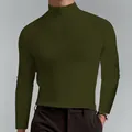 Close-up detail of a men's olive green mock neck long sleeve t-shirt in slim fit style - 3XL / Tops / Army Green