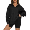 Macro view of black half-zip oversized sweatshirt featuring functional front pocket - S / Tops / Black