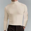 Elegant men's beige turtleneck long sleeve t-shirt slim fit casual base layer top - 3XL / Tops / Apricot