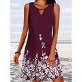 Detail of the white floral print on a sleeveless wine red summer dress for women - Rose Red