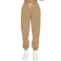 Close-up detail of women's tan fleece-lined jogger pants with white drawstrings - S / Bottoms / Khaki