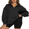Detail view of a black women's half-zip long sleeve fleece sweatshirt for autumn winter - S / Tops / Black