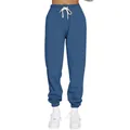 Detailed view of women's blue fleece-lined joggers with elastic waist and drawstring. - S / Bottoms / Denim Blue