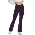 High waisted flared yoga pants in deep purple with a crossover waistband design. - S / Bottoms / Internal Pocket Included / Deep purple