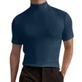 Vista dettagliata di una maglietta blu scuro a lupetto e maniche corte da uomo in cotone - Taglia S / Top / Blu